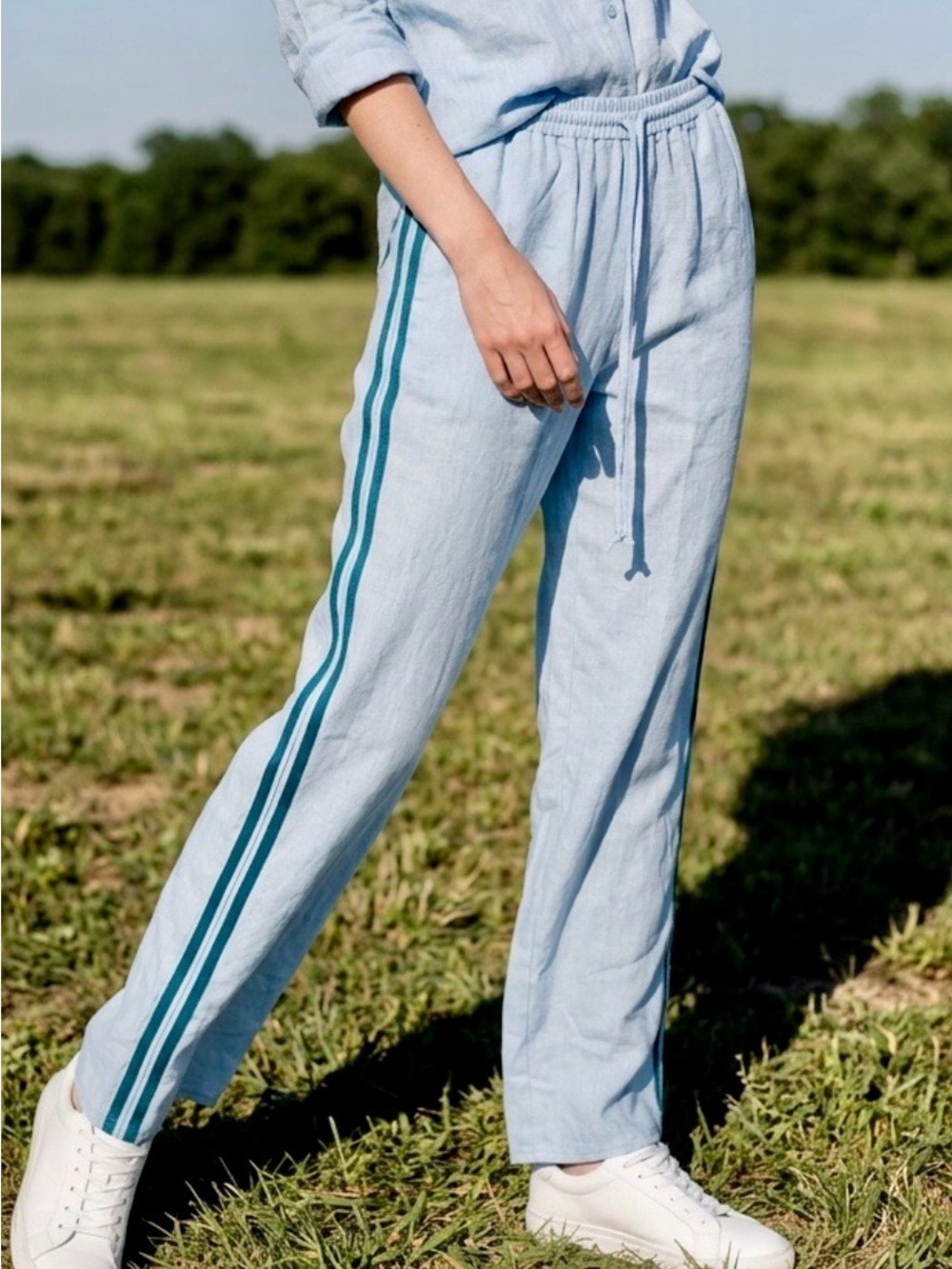 Sienna Sky Light Blue Linen Pants with Teal Stripes & Drawstring Waist XL